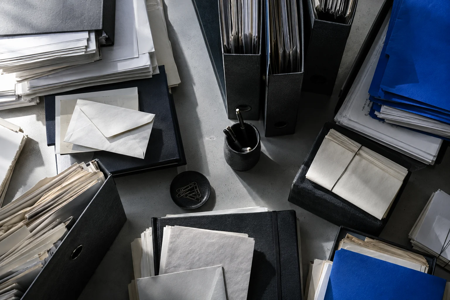 Layered paper records, binders, correspondence and blue folders on an archive desk